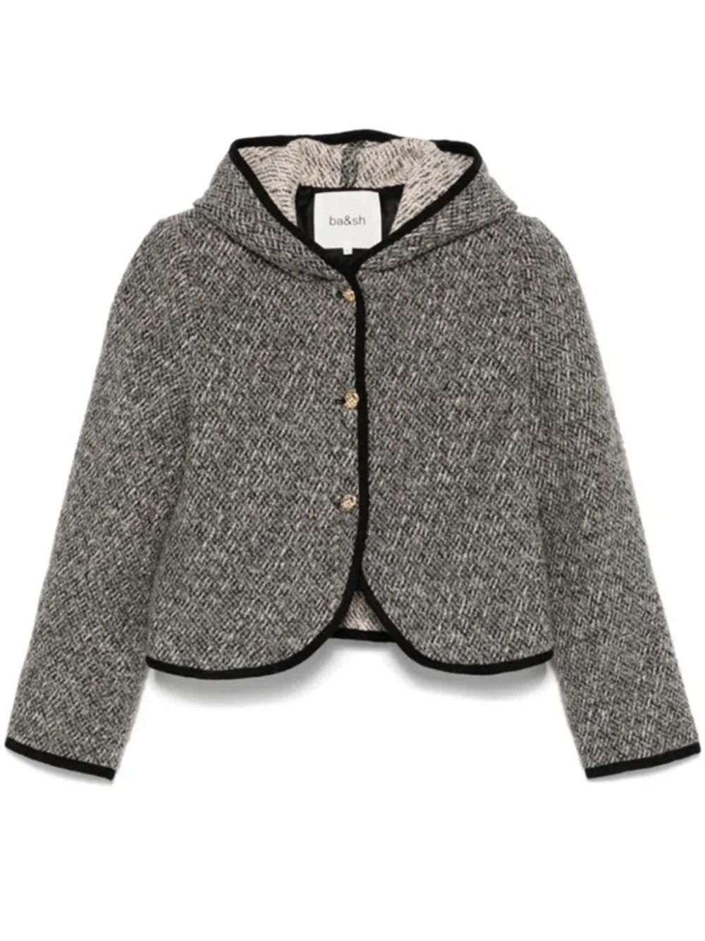 ba&sh Loctave Tweed Cotton Wool Button Trim Hood Jacket Coat Gris Black White